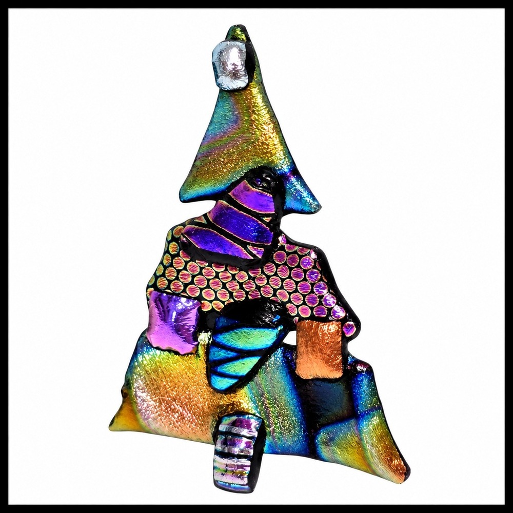 Dichroic Fused Glass Christmas Tree Brooch Pin Iridescent Multi Color Holiday